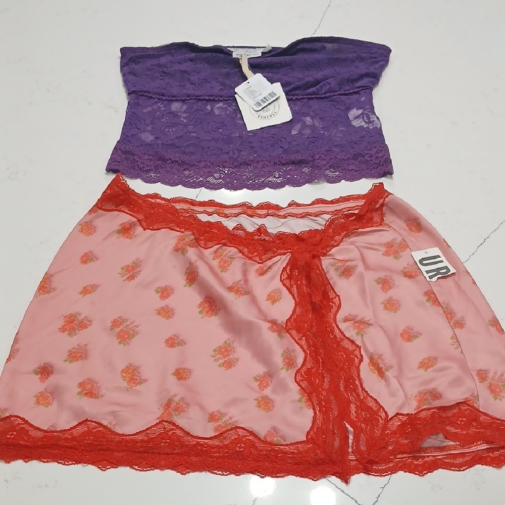 Purple Lace Top and Pink Floral Skirt Set, Bundle, Both Sz Medium, New With Tags